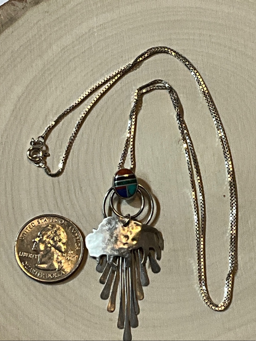 Sterling Silver Buffalo Pendant Necklace with Multicolor Inlay - Picture 10 of 14
